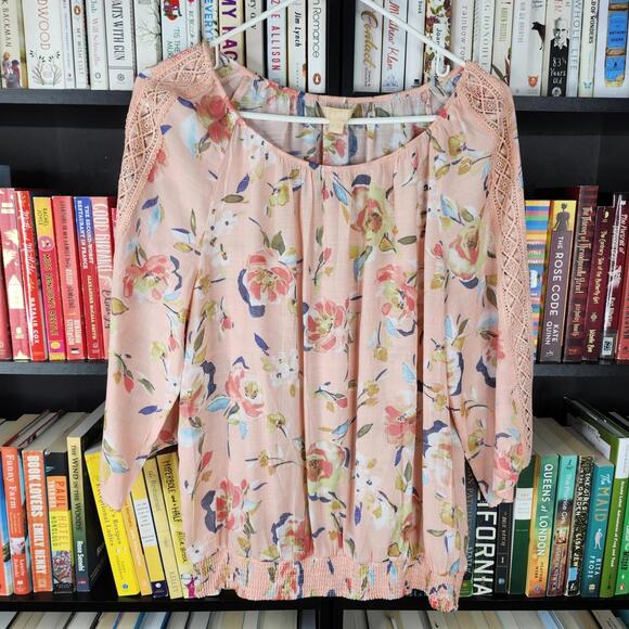 Harlow Tops - Hope & Harlow Floral Peach Lace Sleeve Blouse Large
